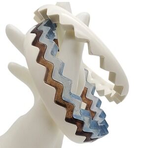Stackable Acrylic Puzzle Bangles Blue Brown Off White Zig Zag Wavy Bracelets 4‎